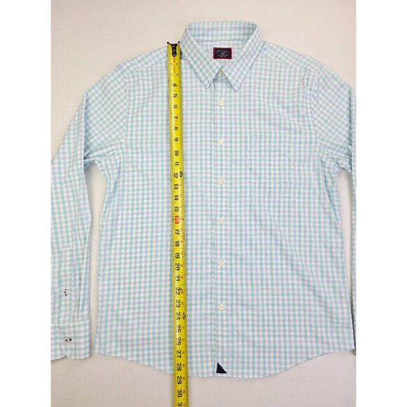 Untuckit Slim Fit Size Large Mens Aqua White Blue Check Nylon Long Sleeve Shirt - Picture 9 of 10
